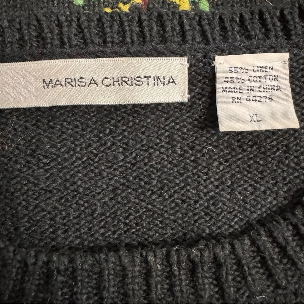 SOLD Marisa Christina VTG Linen Blend Embroidered Floral Sweater XL Black Multi - Picture 4 of 5